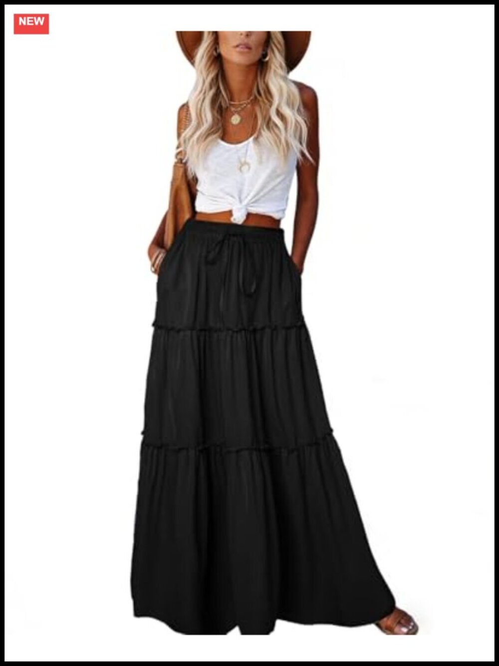 Boho Tiered Maxi Skirt with Pockets High Waist Drawstring Flowy Summer